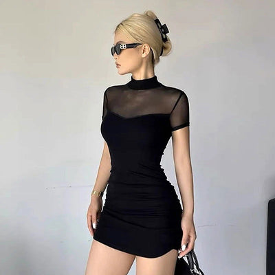 CUTENOVA Goth Dark Mock Neck Y2k Bodycon Mini Dresses Gothic Women Mesh Patchwork Sheer Party Dress - Slobuy