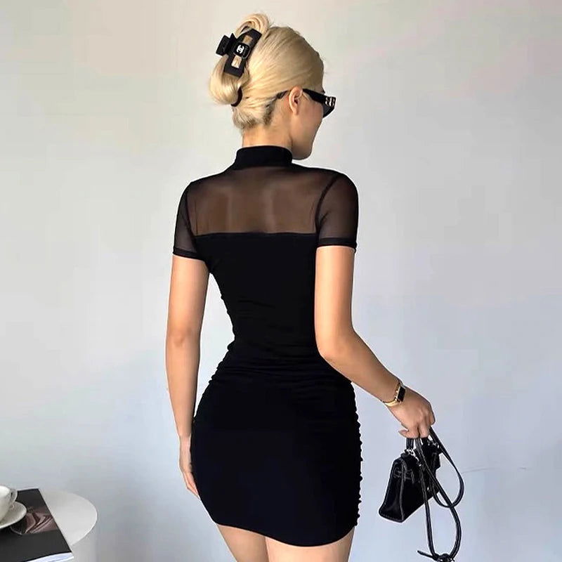 CUTENOVA Goth Dark Mock Neck Y2k Bodycon Mini Dresses Gothic Women Mesh Patchwork Sheer Party Dress - Slobuy