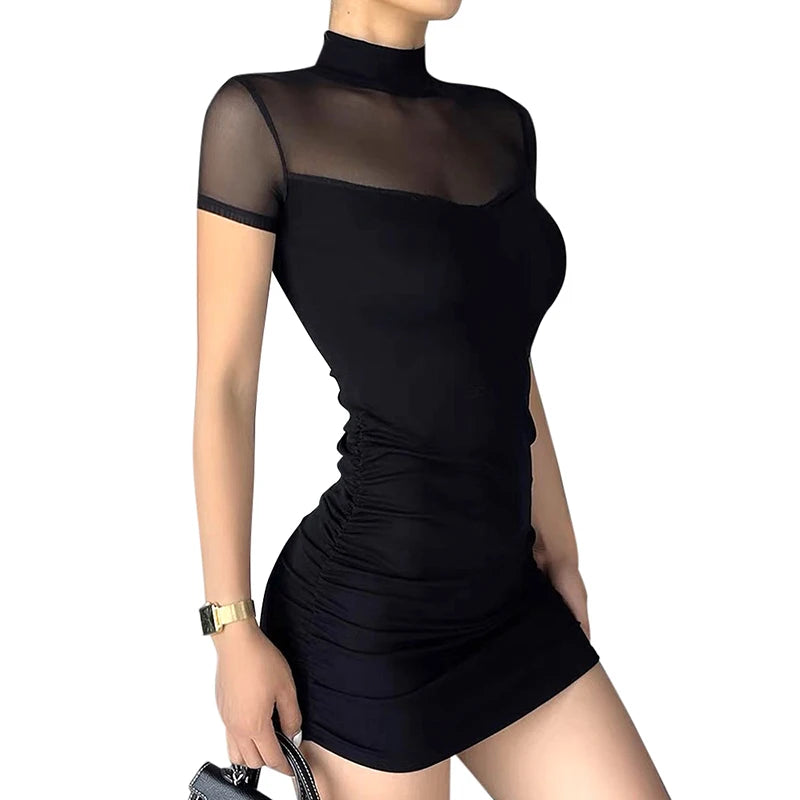 CUTENOVA Goth Dark Mock Neck Y2k Bodycon Mini Dresses Gothic Women Mesh Patchwork Sheer Party Dress - Slobuy