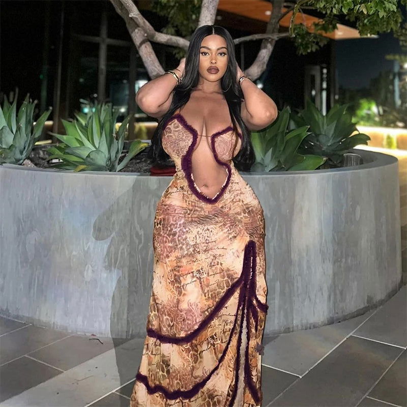 CUTENOVA Women Noble Furry Halter Sleeveless Hollow Dress Camisole Shrunk Split Wave Cut Dress Luxury Prom Occasion Evening Gown - Slobuy
