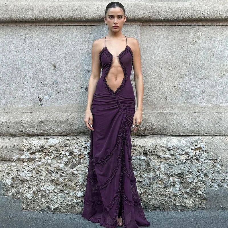 CUTENOVA Women Noble Furry Halter Sleeveless Hollow Dress Camisole Shrunk Split Wave Cut Dress Luxury Prom Occasion Evening Gown - Slobuy