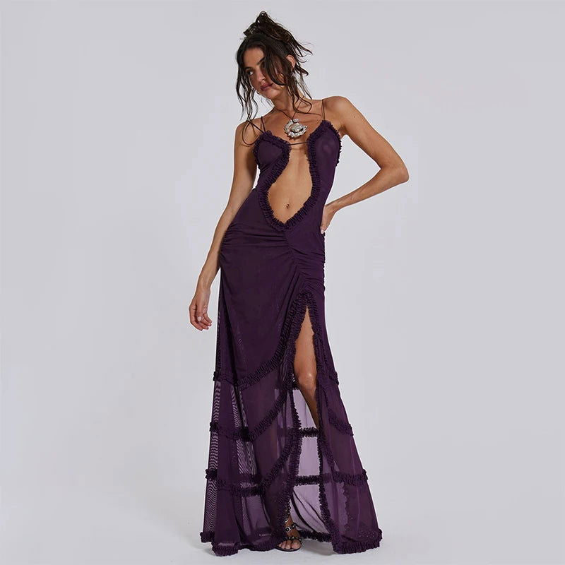CUTENOVA Women Noble Furry Halter Sleeveless Hollow Dress Camisole Shrunk Split Wave Cut Dress Luxury Prom Occasion Evening Gown - Slobuy
