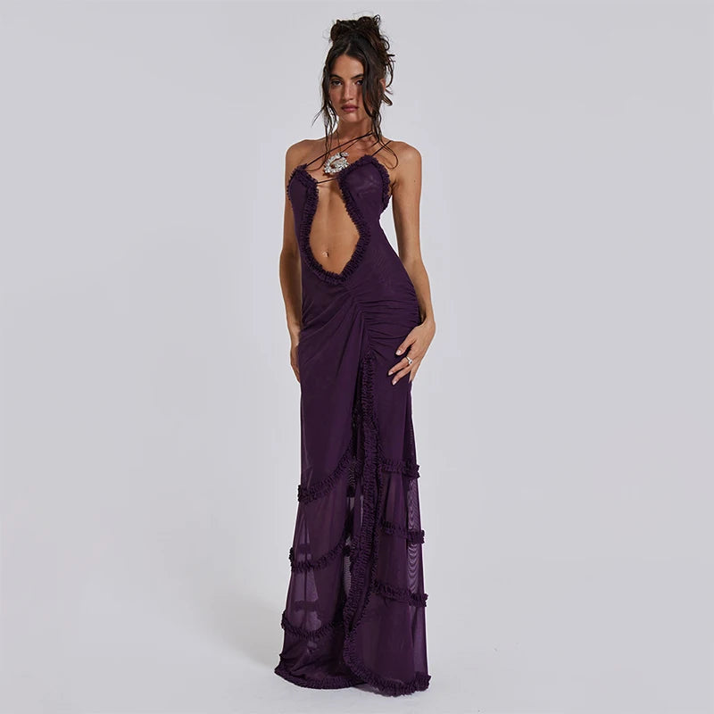 CUTENOVA Women Noble Furry Halter Sleeveless Hollow Dress Camisole Shrunk Split Wave Cut Dress Luxury Prom Occasion Evening Gown - Slobuy