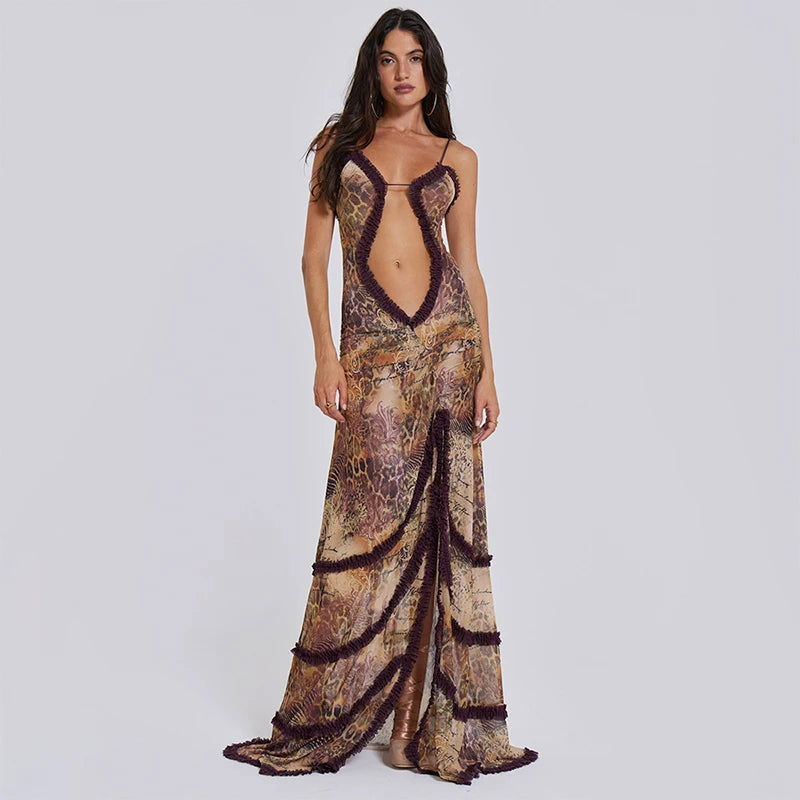 CUTENOVA Women Noble Furry Halter Sleeveless Hollow Dress Camisole Shrunk Split Wave Cut Dress Luxury Prom Occasion Evening Gown - Slobuy
