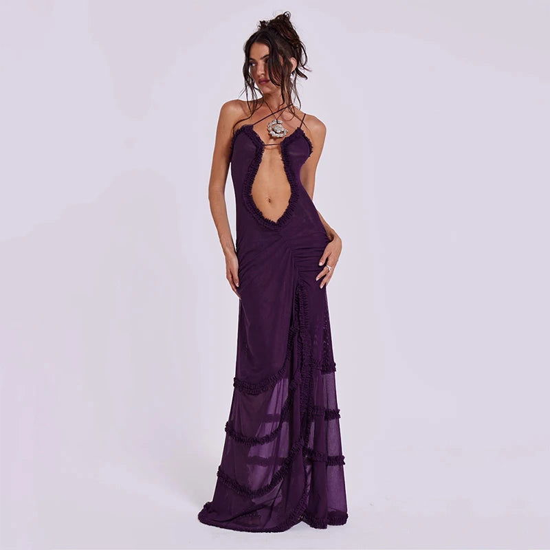 CUTENOVA Women Noble Furry Halter Sleeveless Hollow Dress Camisole Shrunk Split Wave Cut Dress Luxury Prom Occasion Evening Gown - Slobuy