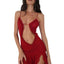 CUTENOVA Women Noble Furry Halter Sleeveless Hollow Dress Camisole Shrunk Split Wave Cut Dress Luxury Prom Occasion Evening Gown - Slobuy