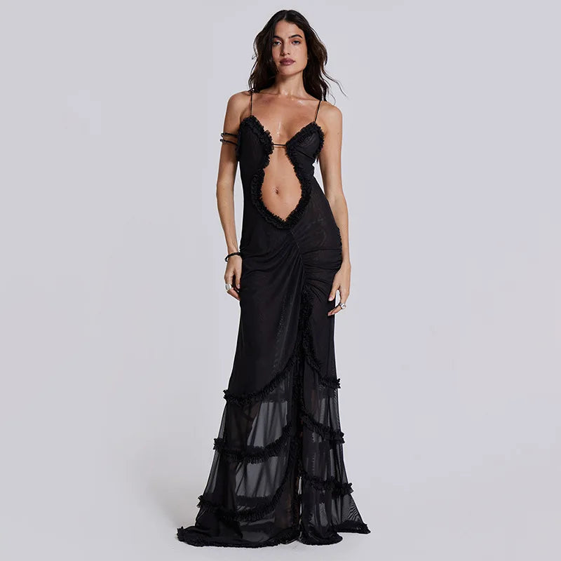 CUTENOVA Women Noble Furry Halter Sleeveless Hollow Dress Camisole Shrunk Split Wave Cut Dress Luxury Prom Occasion Evening Gown - Slobuy