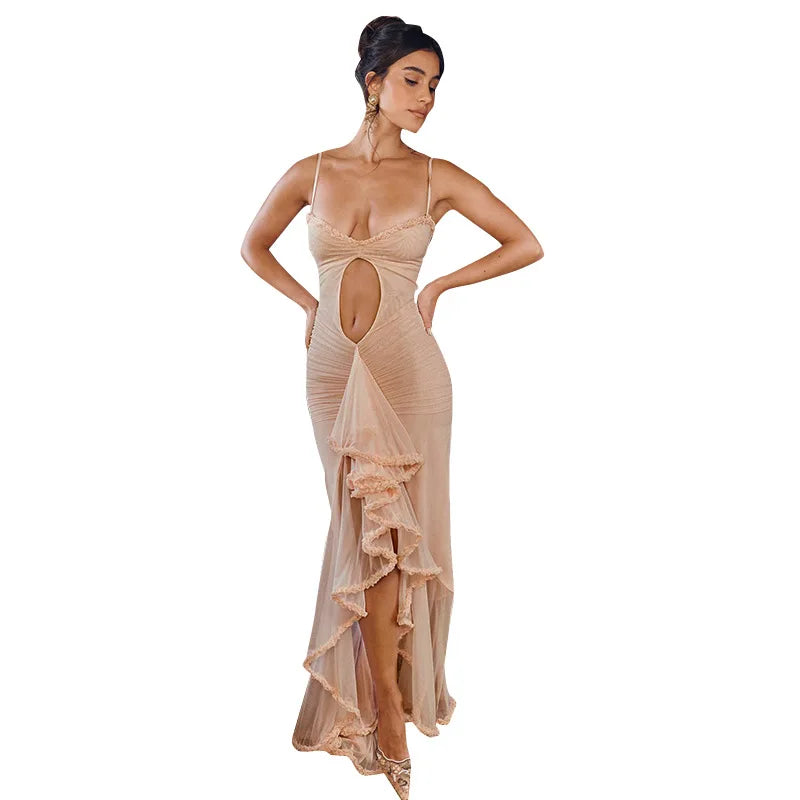 CUTENOVA Women Noble Furry Halter Sleeveless Hollow Dress Camisole Shrunk Split Wave Cut Dress Luxury Prom Occasion Evening Gown - Slobuy