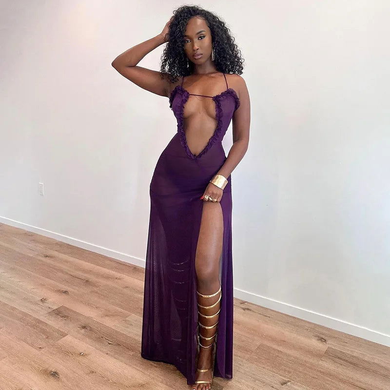 CUTENOVA Women Noble Furry Halter Sleeveless Hollow Dress Camisole Shrunk Split Wave Cut Dress Luxury Prom Occasion Evening Gown - Slobuy