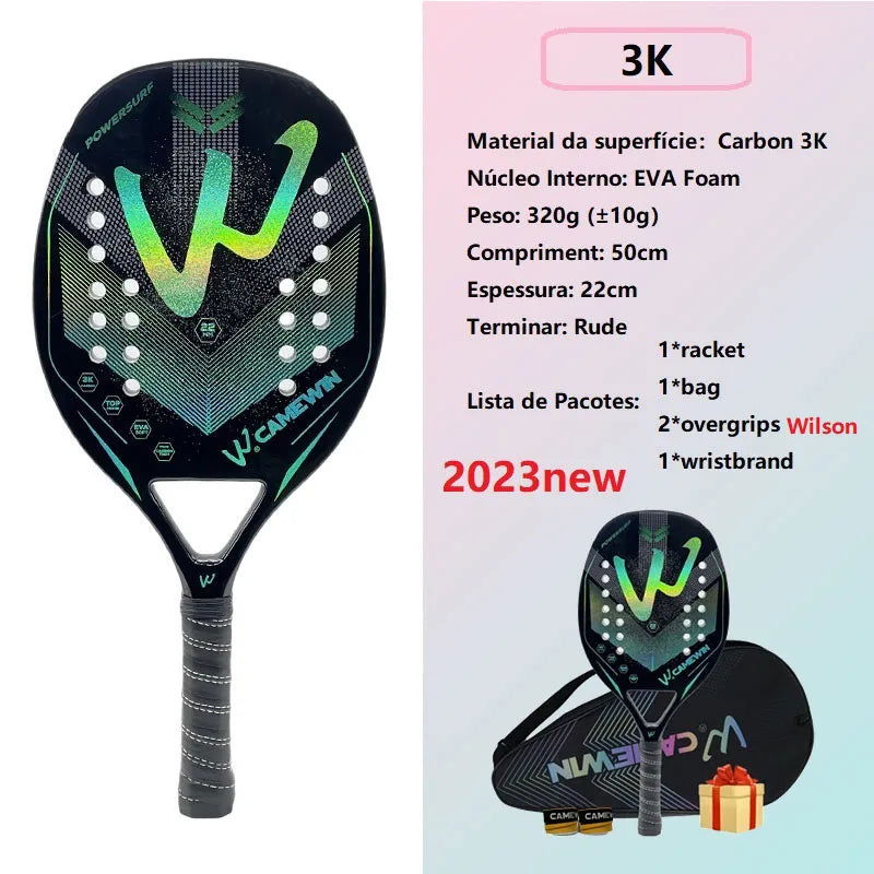 Camewin 3K Holographic Beach Tennis Racket, Full Carbon Fiber Frame, Kit Feminino, Rude Tratamento de Superfície, Iniciante, 202 - Slobuy