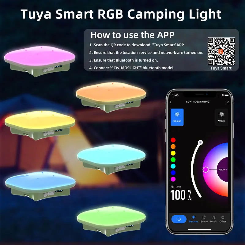 Camping Lantern Rechargeable Smart Light Bluetooth Control by Tuya APP Music Sync RGB LED Tent Lighting 13500mAh Outdoor 80W - Slobuy