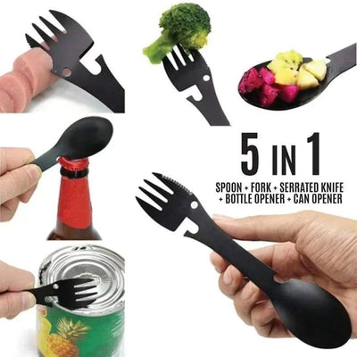 Outdoor Survival Tools 5 in 1 Camping Multi-functional EDC Kit Practical Fork Knife Spoon Bottle/Can Opener Camping Hiking Gear - Slobuy