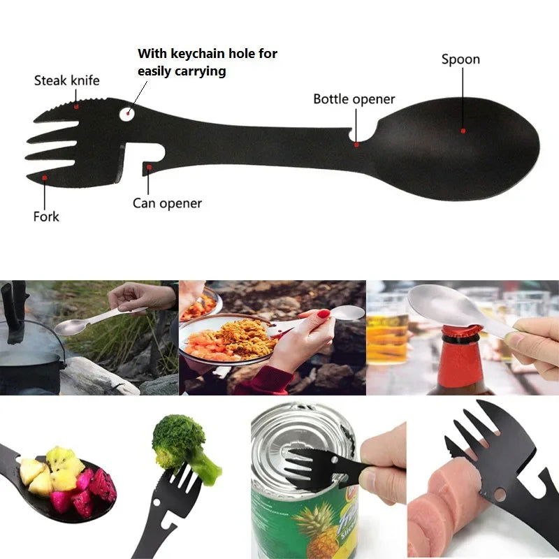 Outdoor Survival Tools 5 in 1 Camping Multi-functional EDC Kit Practical Fork Knife Spoon Bottle/Can Opener Camping Hiking Gear - Slobuy