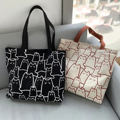 Canvas Bags Handbag for Women Shopper Cute Cat Tote Bag with Zipper Designer Bag Japanese Style Cartoon Small Shoulder - Slobuy