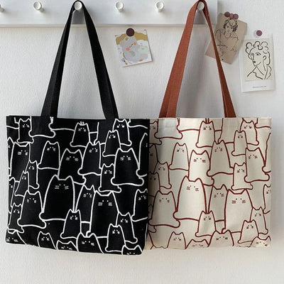 Canvas Bags Handbag for Women Shopper Cute Cat Tote Bag with Zipper Designer Bag Japanese Style Cartoon Small Shoulder - Slobuy