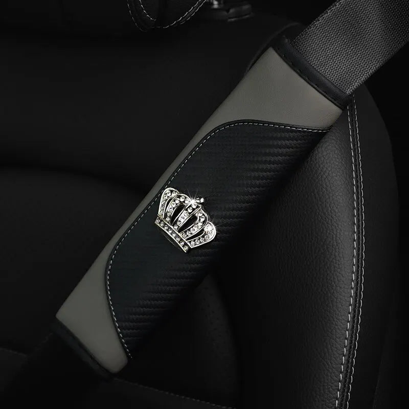 Car Accessories Seat Belt PU Leather Seat Belt Shoulder Cover Comfortable Flash Diamond Inlaid Crown Protect Seat Belt Liner - Slobuy