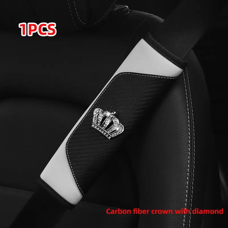 Car Accessories Seat Belt PU Leather Seat Belt Shoulder Cover Comfortable Flash Diamond Inlaid Crown Protect Seat Belt Liner - Slobuy