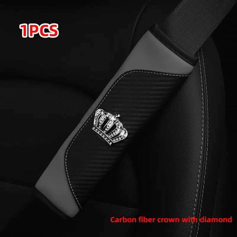 Car Accessories Seat Belt PU Leather Seat Belt Shoulder Cover Comfortable Flash Diamond Inlaid Crown Protect Seat Belt Liner - Slobuy