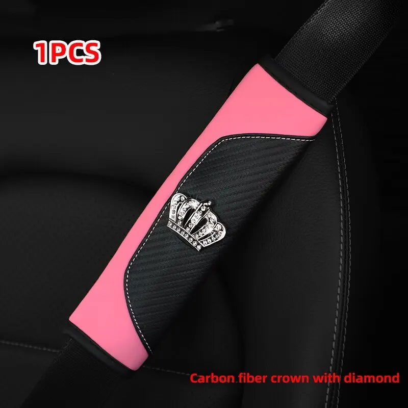 Car Accessories Seat Belt PU Leather Seat Belt Shoulder Cover Comfortable Flash Diamond Inlaid Crown Protect Seat Belt Liner - Slobuy