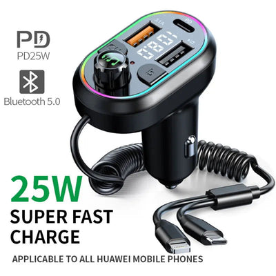 Car Bluetooth 5.0 FM Transmitter Wireless Audio Receiver Car MP3 Player 25W PD Fast Charge With Apple Type-C Port Charging Cable - Slobuy