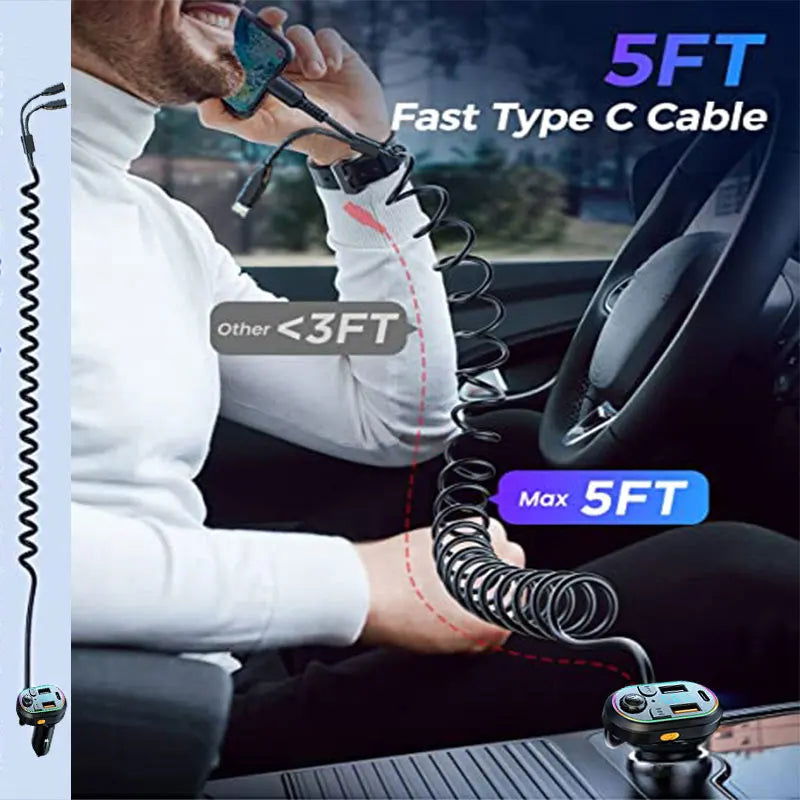 Car Bluetooth 5.0 FM Transmitter Wireless Audio Receiver Car MP3 Player 25W PD Fast Charge With Apple Type-C Port Charging Cable - Slobuy
