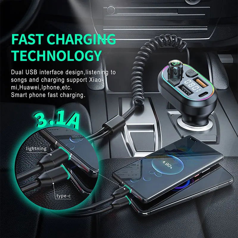 Car Bluetooth 5.0 FM Transmitter Wireless Audio Receiver Car MP3 Player 25W PD Fast Charge With Apple Type-C Port Charging Cable - Slobuy