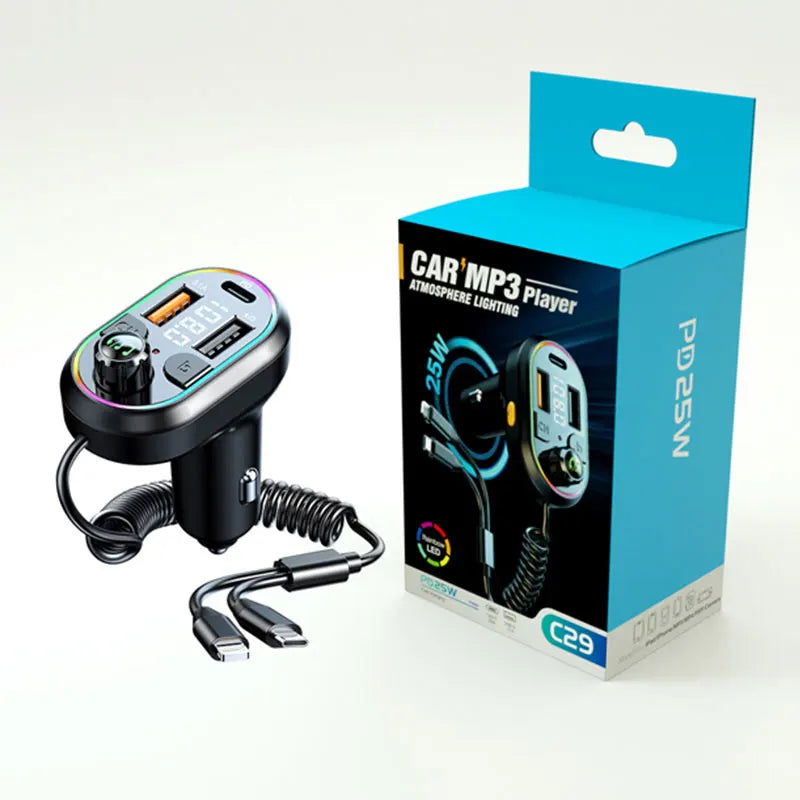 Car Bluetooth 5.0 FM Transmitter Wireless Audio Receiver Car MP3 Player 25W PD Fast Charge With Apple Type-C Port Charging Cable - Slobuy