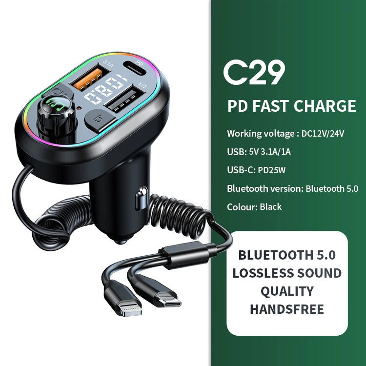 Car Bluetooth 5.0 FM Transmitter Wireless Audio Receiver Car MP3 Player 25W PD Fast Charge With Apple Type-C Port Charging Cable - Slobuy