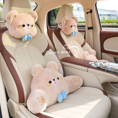 Car Neck Pillow Cute Plush Cartoon Bowknot Bear Travel Rest Cushion Neck Pillow Headrest Kawaii Car Interior Accessories - Slobuy