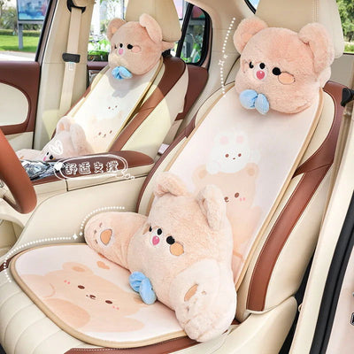 Car Neck Pillow Cute Plush Cartoon Bowknot Bear Travel Rest Cushion Neck Pillow Headrest Kawaii Car Interior Accessories - Slobuy