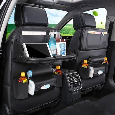 Car Seat Back Organizer with Foldable Table Tray PU Leather Storage Organizer with Pockets Kick Mats Seat Interior Accessories - Slobuy