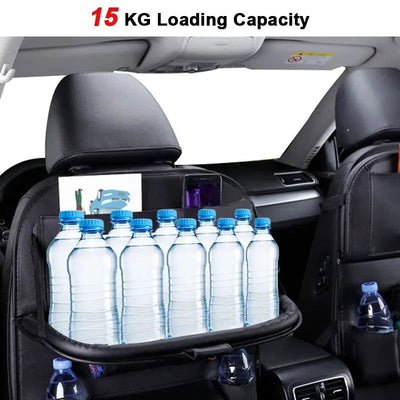 Car Seat Back Organizer with Foldable Table Tray PU Leather Storage Organizer with Pockets Kick Mats Seat Interior Accessories - Slobuy