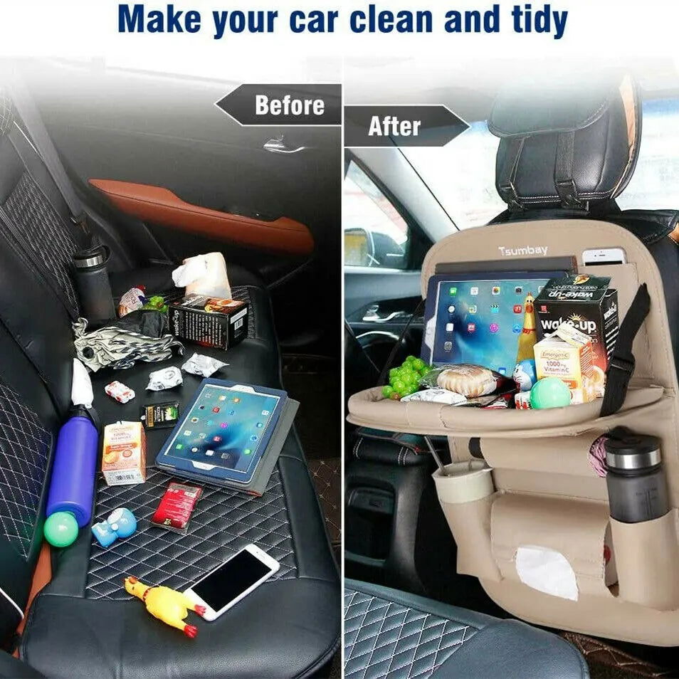 Car Seat Back Organizer with Foldable Table Tray PU Leather Storage Organizer with Pockets Kick Mats Seat Interior Accessories - Slobuy