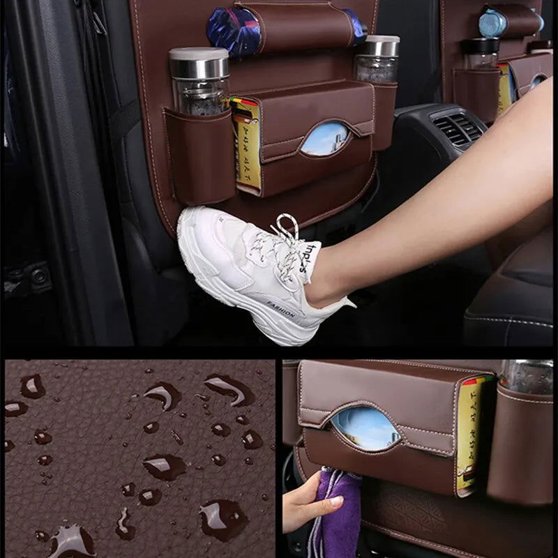 Car Seat Back Organizer with Foldable Table Tray PU Leather Storage Organizer with Pockets Kick Mats Seat Interior Accessories - Slobuy