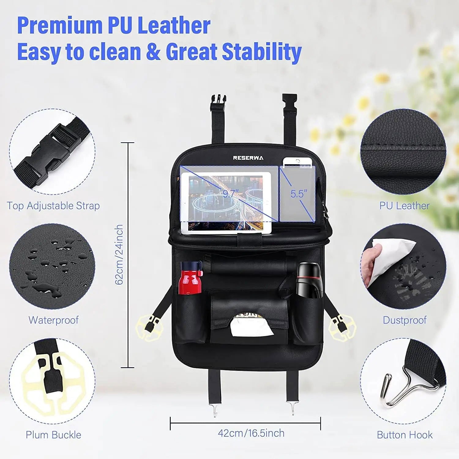 Car Seat Back Organizer with Foldable Table Tray PU Leather Storage Organizer with Pockets Kick Mats Seat Interior Accessories - Slobuy