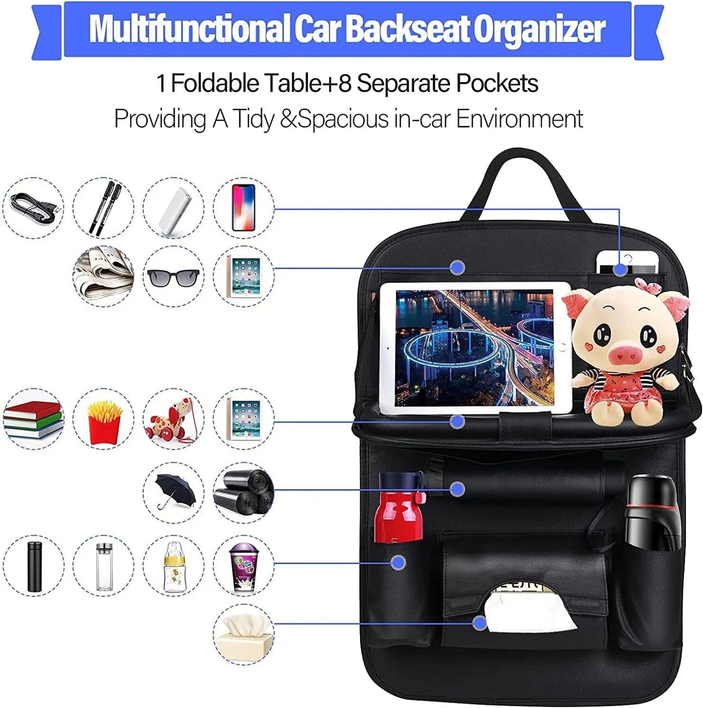 Car Seat Back Organizer with Foldable Table Tray PU Leather Storage Organizer with Pockets Kick Mats Seat Interior Accessories - Slobuy