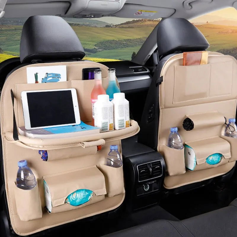 Car Seat Back Organizer with Foldable Table Tray PU Leather Storage Organizer with Pockets Kick Mats Seat Interior Accessories - Slobuy