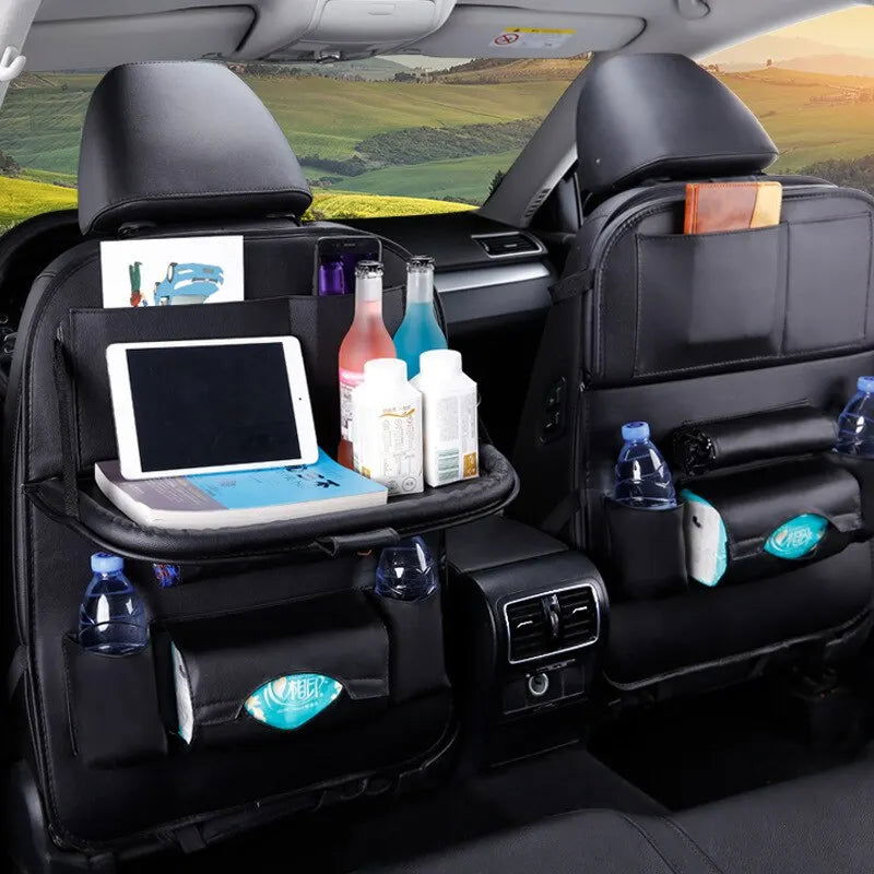 Car Seat Back Organizer with Foldable Table Tray PU Leather Storage Organizer with Pockets Kick Mats Seat Interior Accessories - Slobuy