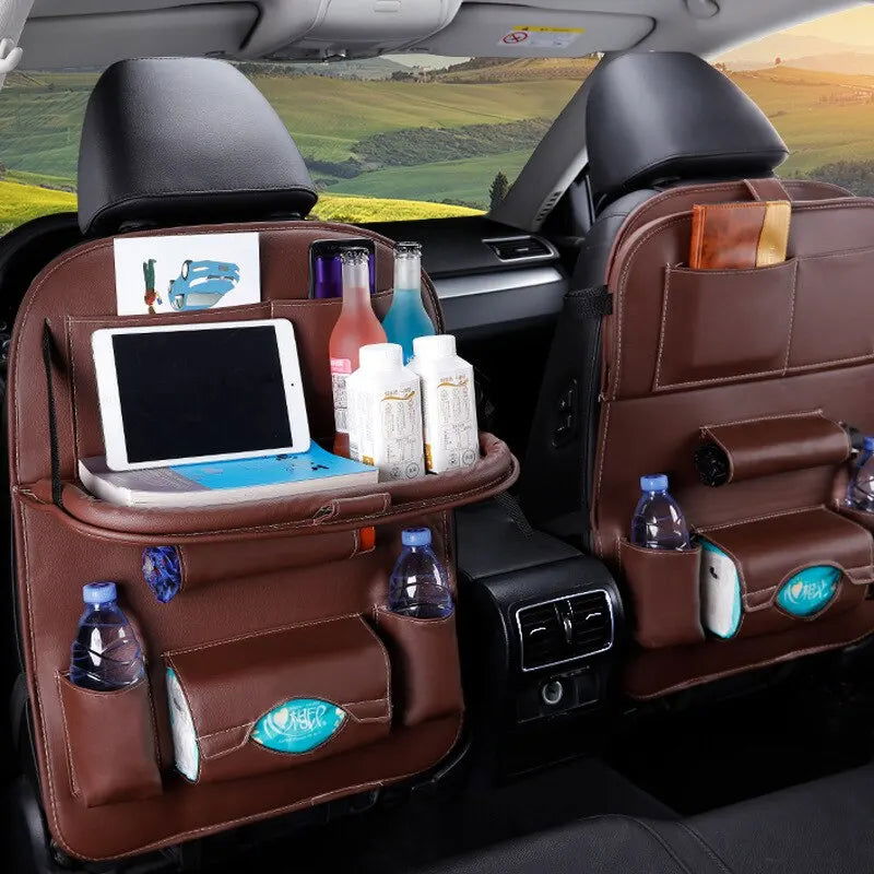 Car Seat Back Organizer with Foldable Table Tray PU Leather Storage Organizer with Pockets Kick Mats Seat Interior Accessories - Slobuy