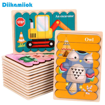 Cartoon Animal Double-sided Strip Wooden Puzzles Kids Montessori Jigsaw Game Baby Educational Toys for Children - Slobuy