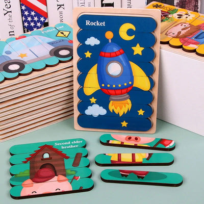 Cartoon Animal Double-sided Strip Wooden Puzzles Kids Montessori Jigsaw Game Baby Educational Toys for Children - Slobuy