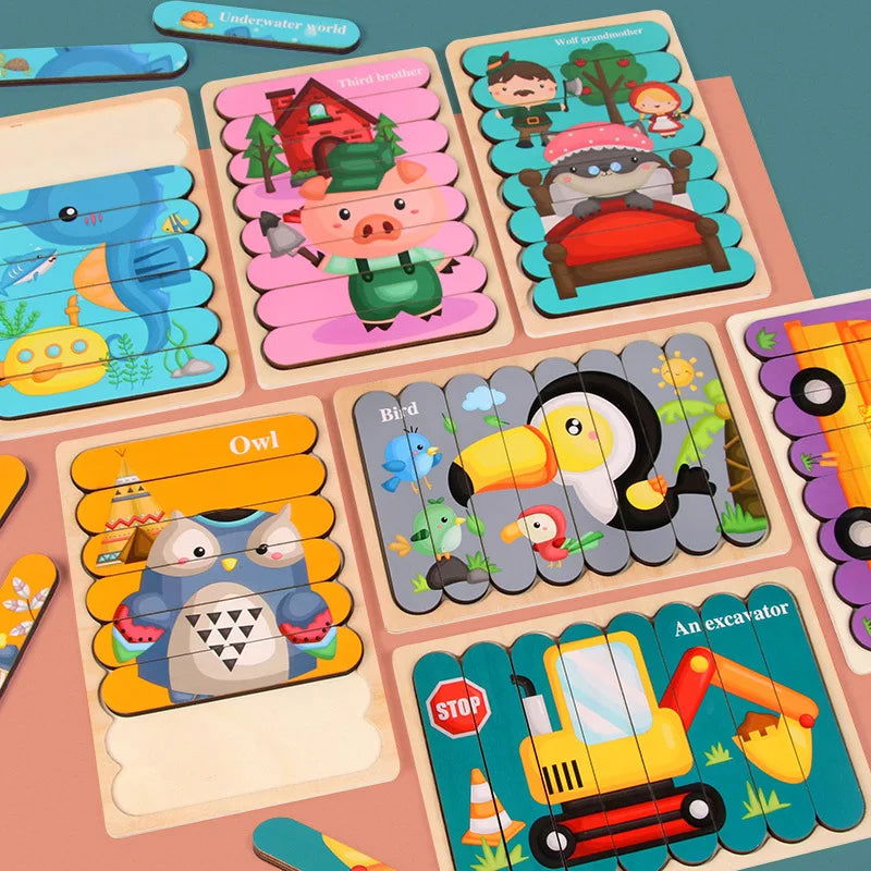 Cartoon Animal Double-sided Strip Wooden Puzzles Kids Montessori Jigsaw Game Baby Educational Toys for Children - Slobuy