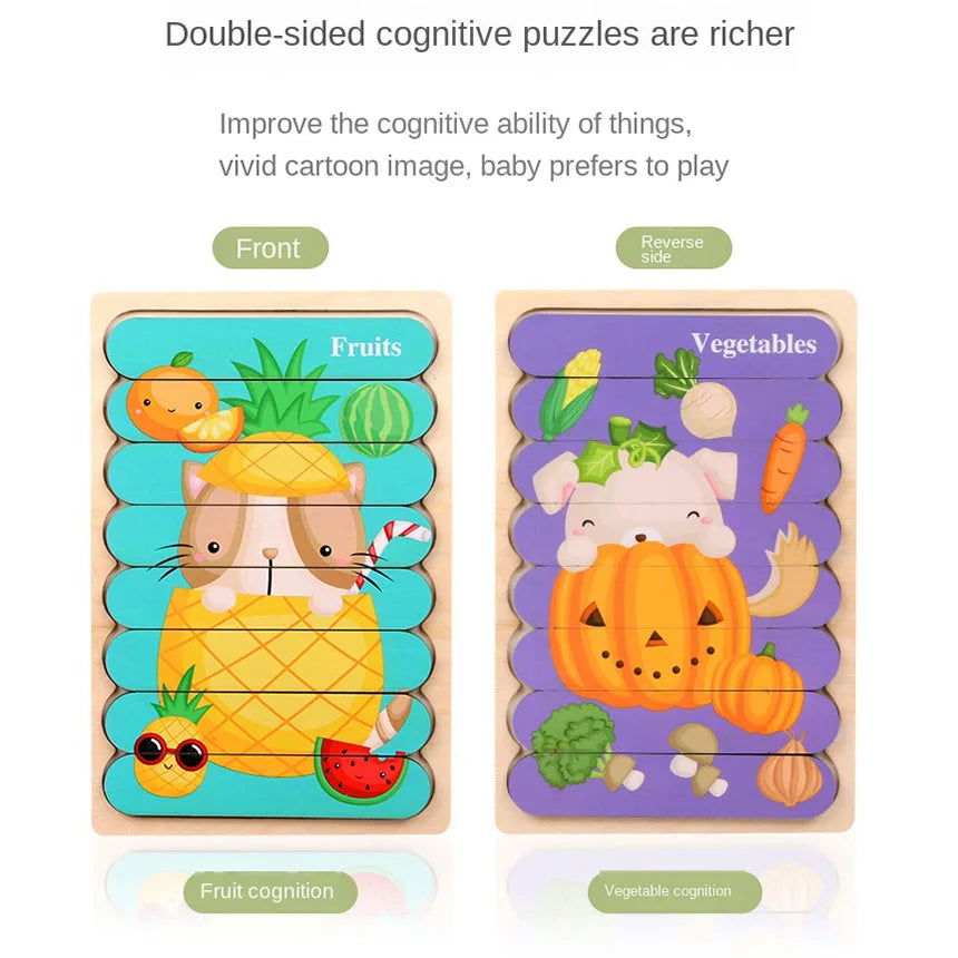 Cartoon Animal Double-sided Strip Wooden Puzzles Kids Montessori Jigsaw Game Baby Educational Toys for Children - Slobuy
