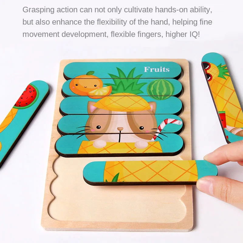 Cartoon Animal Double-sided Strip Wooden Puzzles Kids Montessori Jigsaw Game Baby Educational Toys for Children - Slobuy