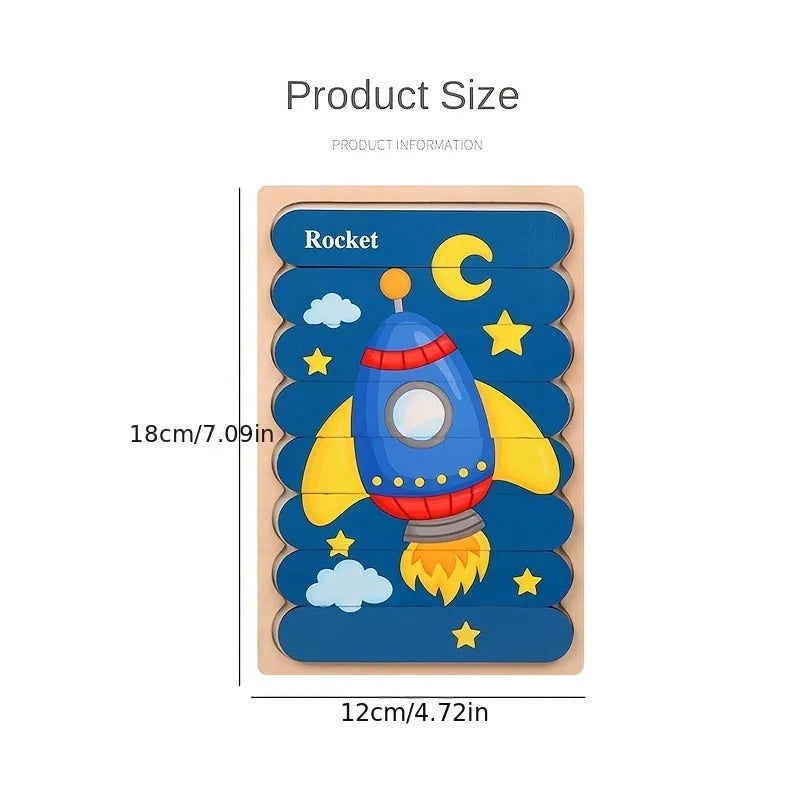 Cartoon Animal Double-sided Strip Wooden Puzzles Kids Montessori Jigsaw Game Baby Educational Toys for Children - Slobuy