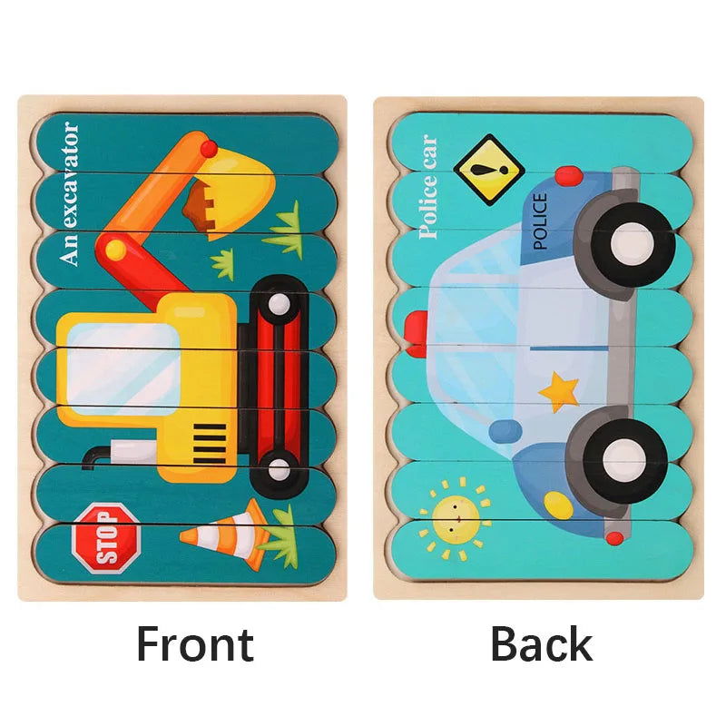 Cartoon Animal Double-sided Strip Wooden Puzzles Kids Montessori Jigsaw Game Baby Educational Toys for Children - Slobuy