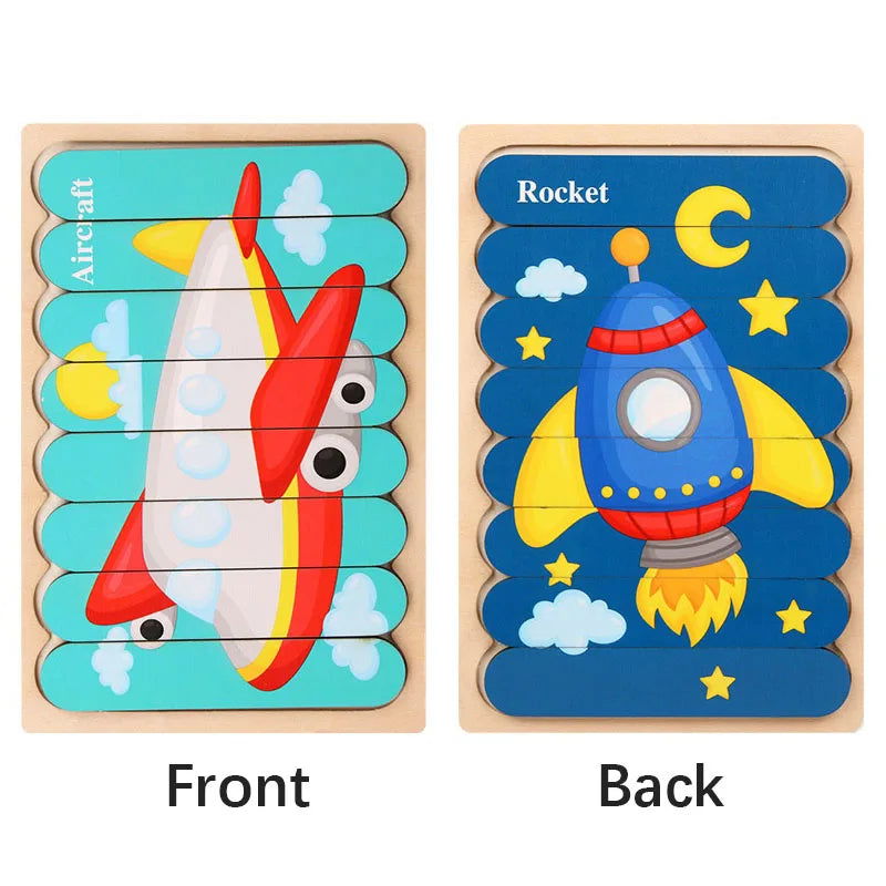 Cartoon Animal Double-sided Strip Wooden Puzzles Kids Montessori Jigsaw Game Baby Educational Toys for Children - Slobuy