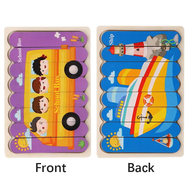 Cartoon Animal Double-sided Strip Wooden Puzzles Kids Montessori Jigsaw Game Baby Educational Toys for Children - Slobuy