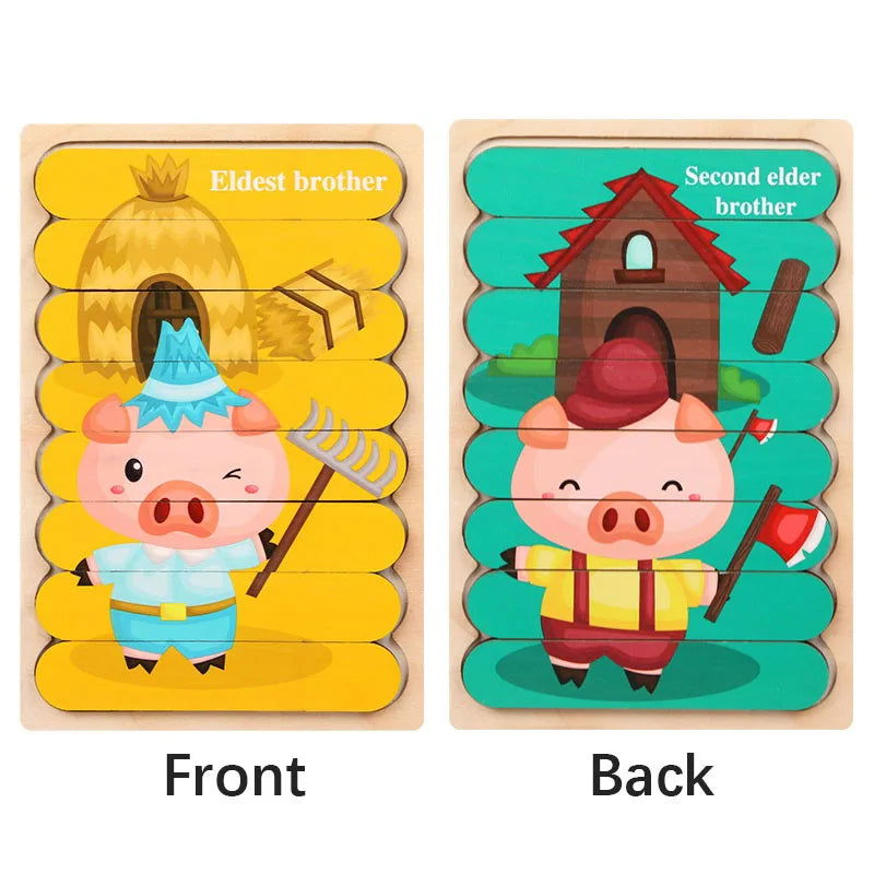 Cartoon Animal Double-sided Strip Wooden Puzzles Kids Montessori Jigsaw Game Baby Educational Toys for Children - Slobuy