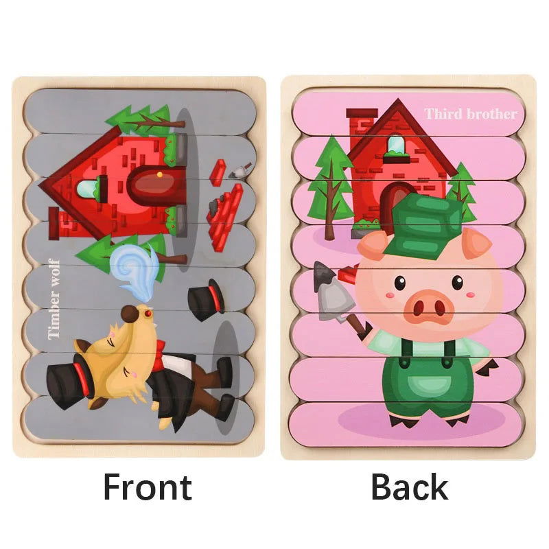 Cartoon Animal Double-sided Strip Wooden Puzzles Kids Montessori Jigsaw Game Baby Educational Toys for Children - Slobuy